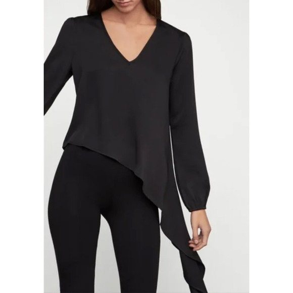 BCBGMAXAZRIA V-Neck Asymmetric Hem Side-Tie Long Sleeve Blouse in Black, XS‎ - Picture 7 of 12